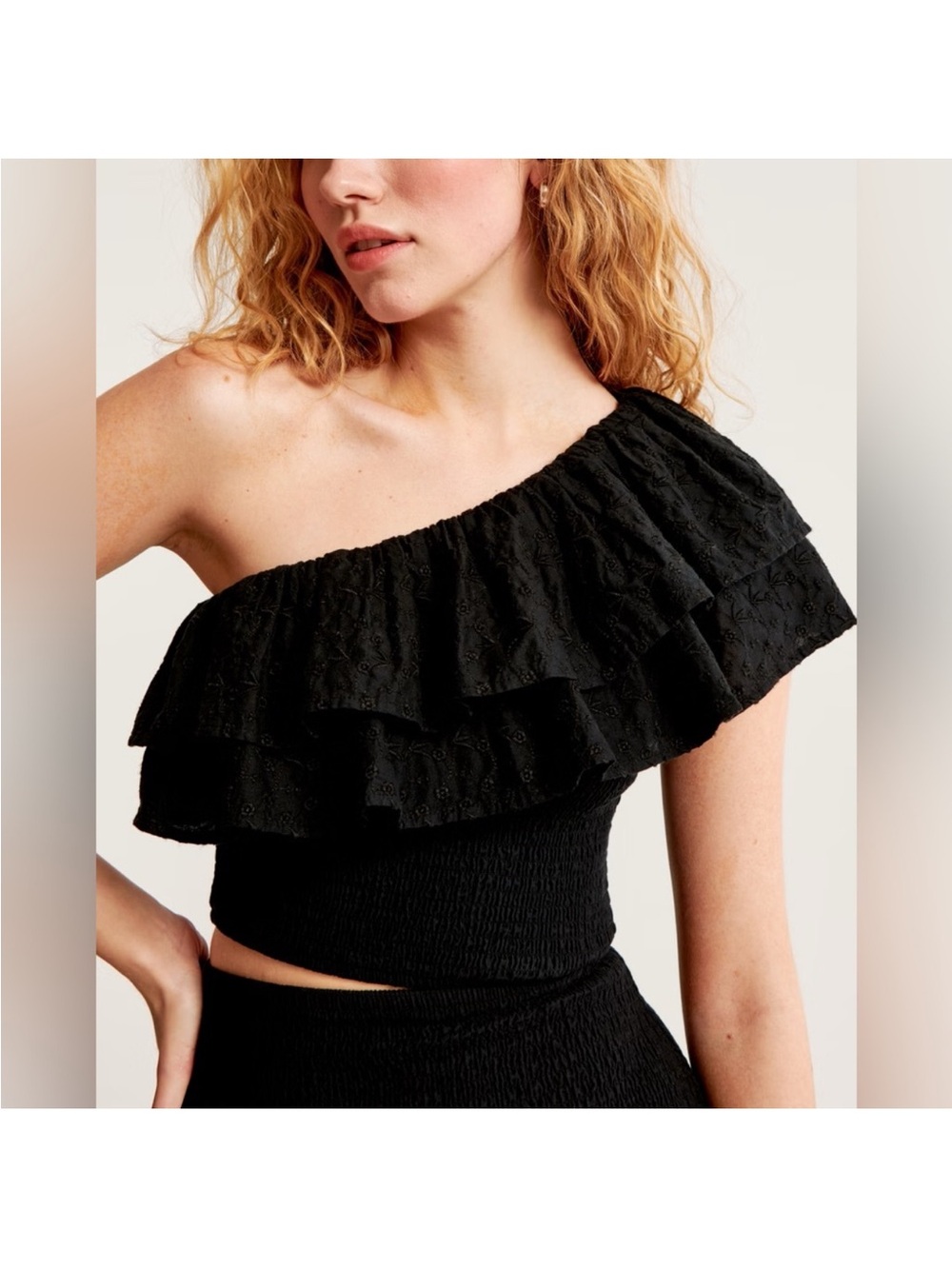 Abercrombie and Fitch One shoulder Black ruffle smock crop top